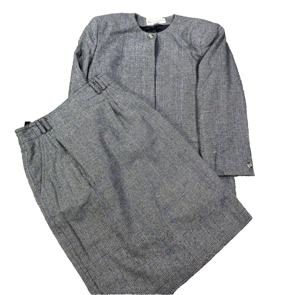 VTG Peabody House Skirt Suit 7/8 Wool Blend Blazer Plaid Microcheck Midi Career